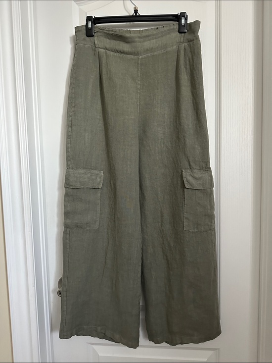 Italian linen Pants - Wide Leg Cargo linen Pants in Olive Green